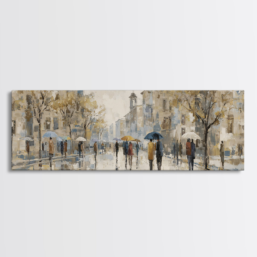 Rainy Boulevard with Umbrella Shapes Canvas Print, Impressionist Art, Landscape Painting, Living Room Decor, Impression, IMP-3x1-37