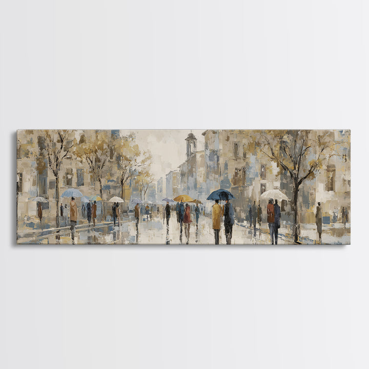 Rainy Boulevard with Umbrella Shapes Canvas Print, Impressionist Art, Landscape Painting, Living Room Decor, Impression, IMP-3x1-37