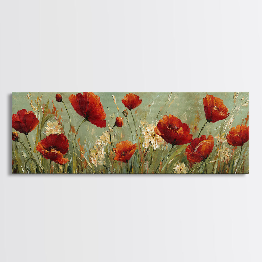 Poppies Blowing Through Green Grass Canvas Print, Impressionist Art, Landscape Painting, Living Room Decor, Watercolor Art, IMP-3x1-4