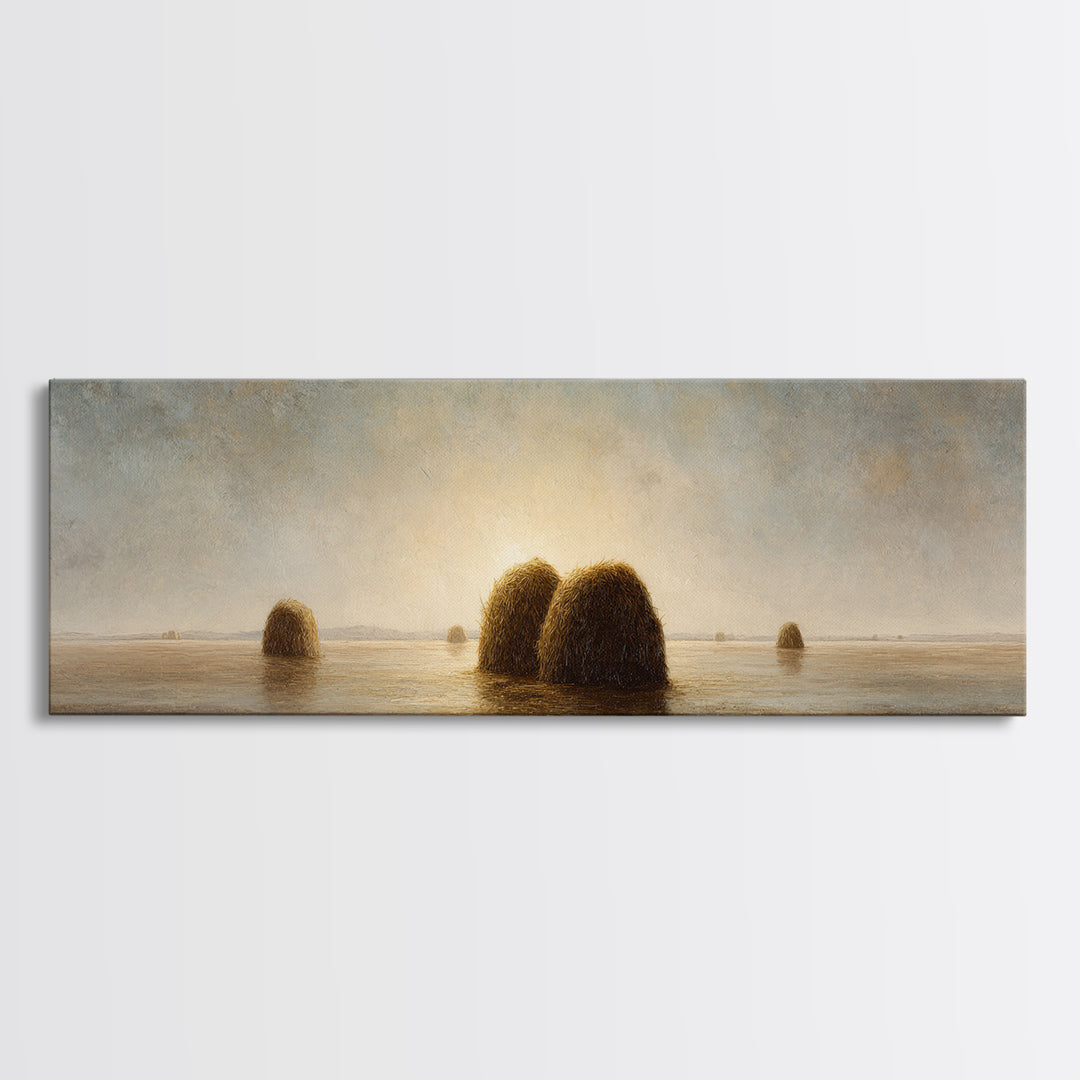 Haystacks Glowing at Golden Hour Framed Canvas Print, Impressionist Art, Modern Decor, Living Room Decor, Fine Art, Impression, IMP-3x1-44