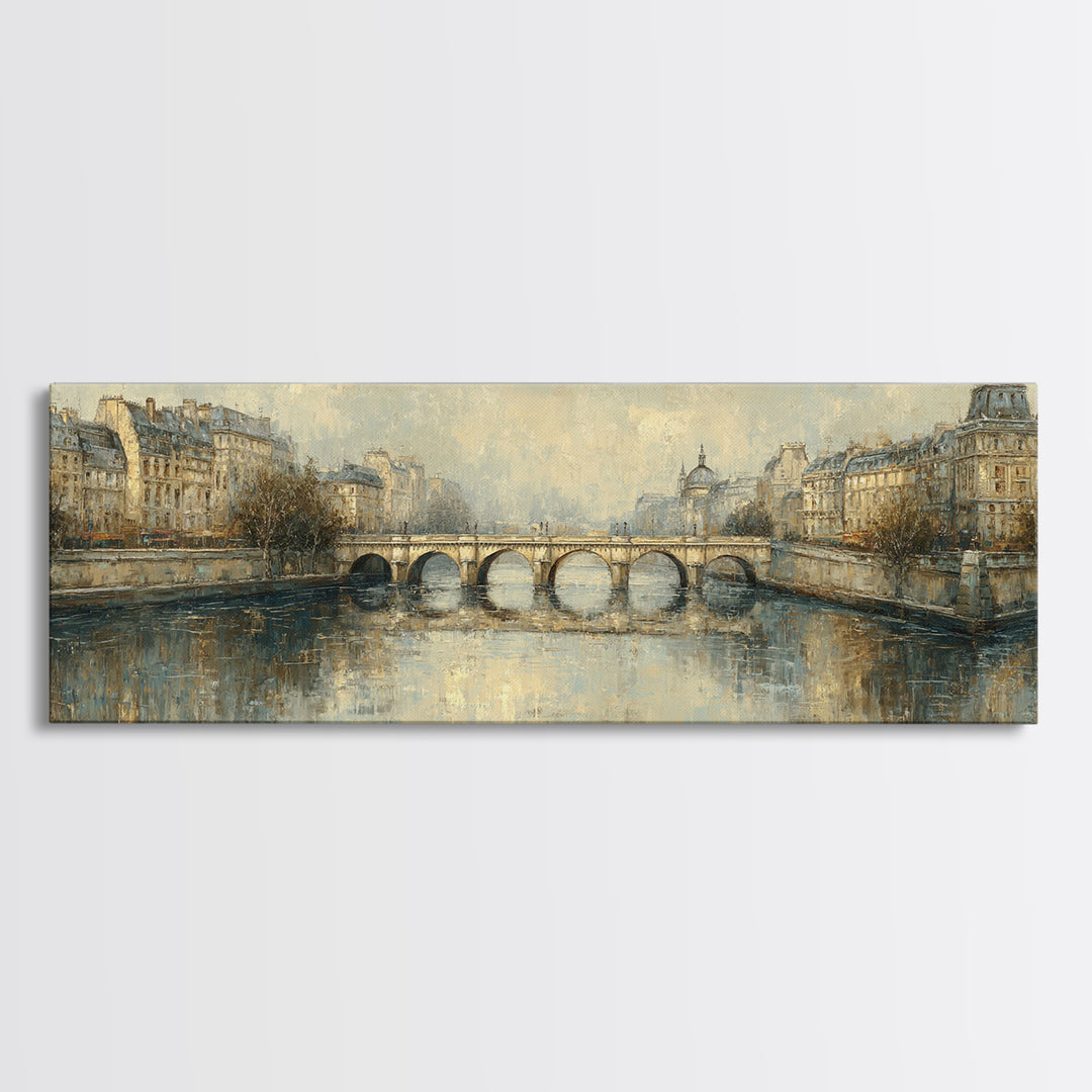 Paris Bridge Reflected Framed Canvas Print, Impressionist Art, Oil Painting, Living Room Decor, Impression, Coastal Wall Art, IMP-3x1-47