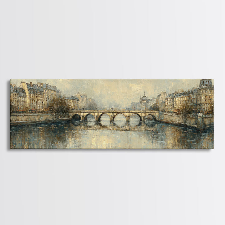 Paris Bridge Reflected Framed Canvas Print, Impressionist Art, Oil Painting, Living Room Decor, Impression, Coastal Wall Art, IMP-3x1-47