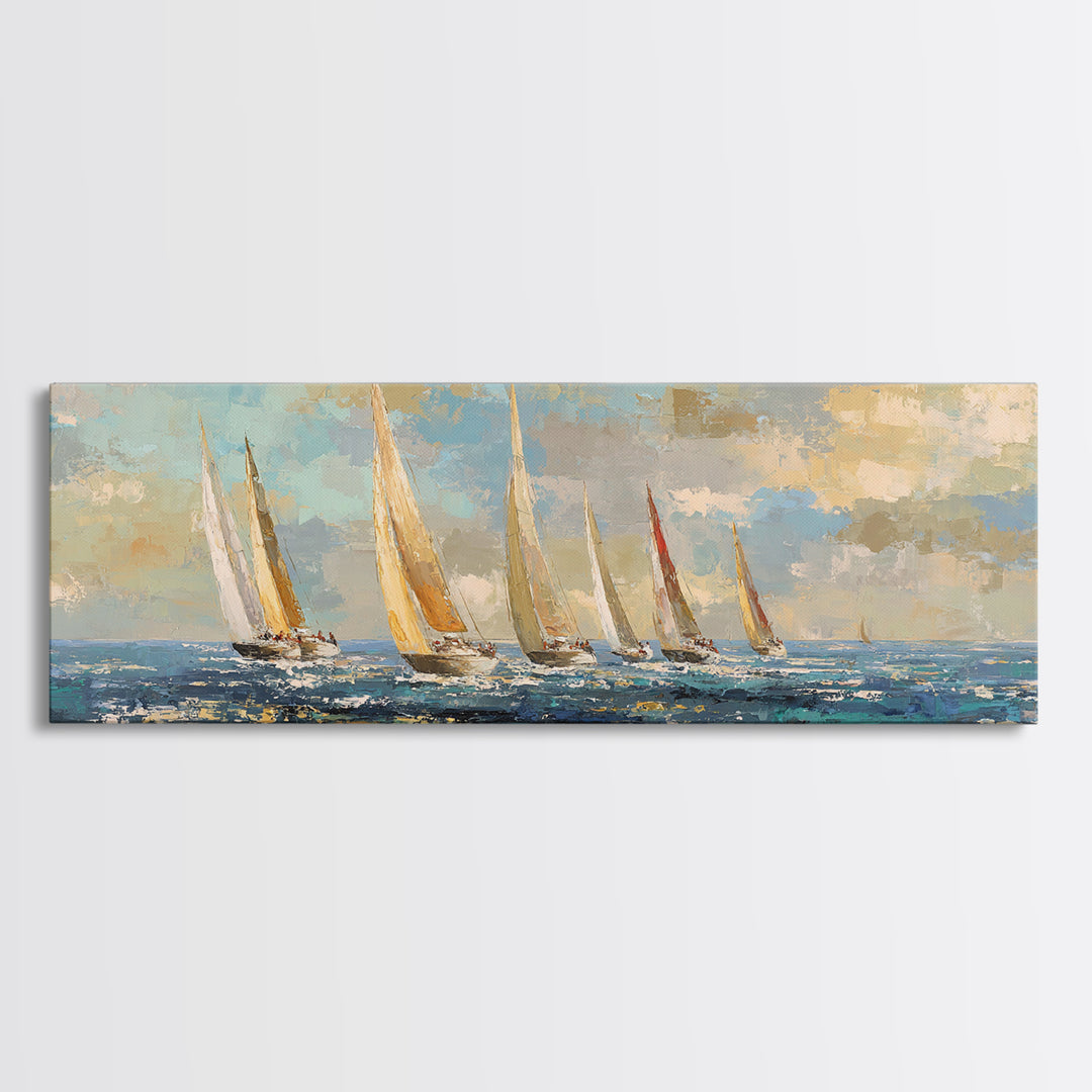 Sailboats on a Bright Sparkling Harbor Canvas Print, Impressionist Art, Landscape Art, Living Room Decor, Abstract Art, IMP-3x1-49
