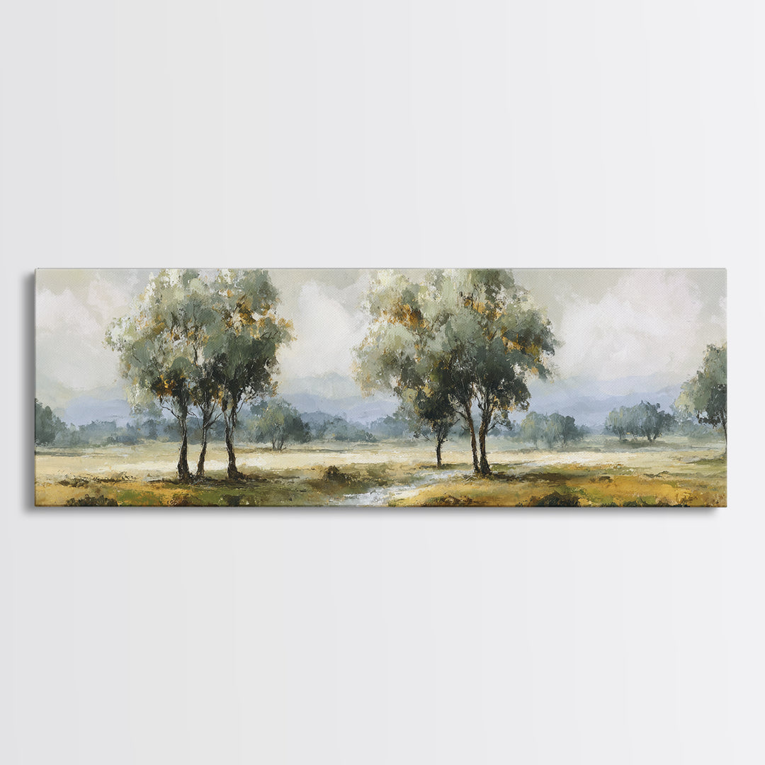 Misty Riverbank with Willow Trees Framed Canvas Print, Impressionist Art, Large Wall Art, Living Room Decor, Impression, IMP-3x1-51