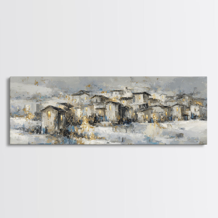 Snowy Village with Warm Glowing Windows Canvas Print, Impressionist Art, Colorful Wall Art, Living Room Decor, Impression, IMP-3x1-53