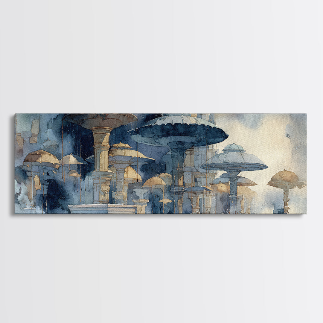 Rainy Boulevard with Umbrella Shapes Canvas Print, Impressionist Art, Living Room Art, Living Room Decor, Abstract Art, IMP-3x1-61