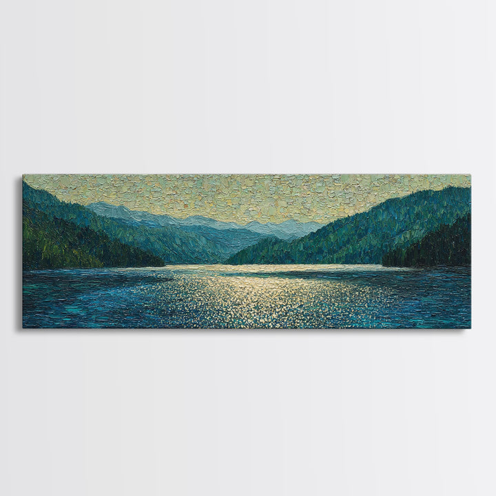 Mountain Lake with Sparkling Reflections Framed Canvas Print, Impressionist Art, Luxury Decor, Living Room Decor, Impression, IMP-3x1-64