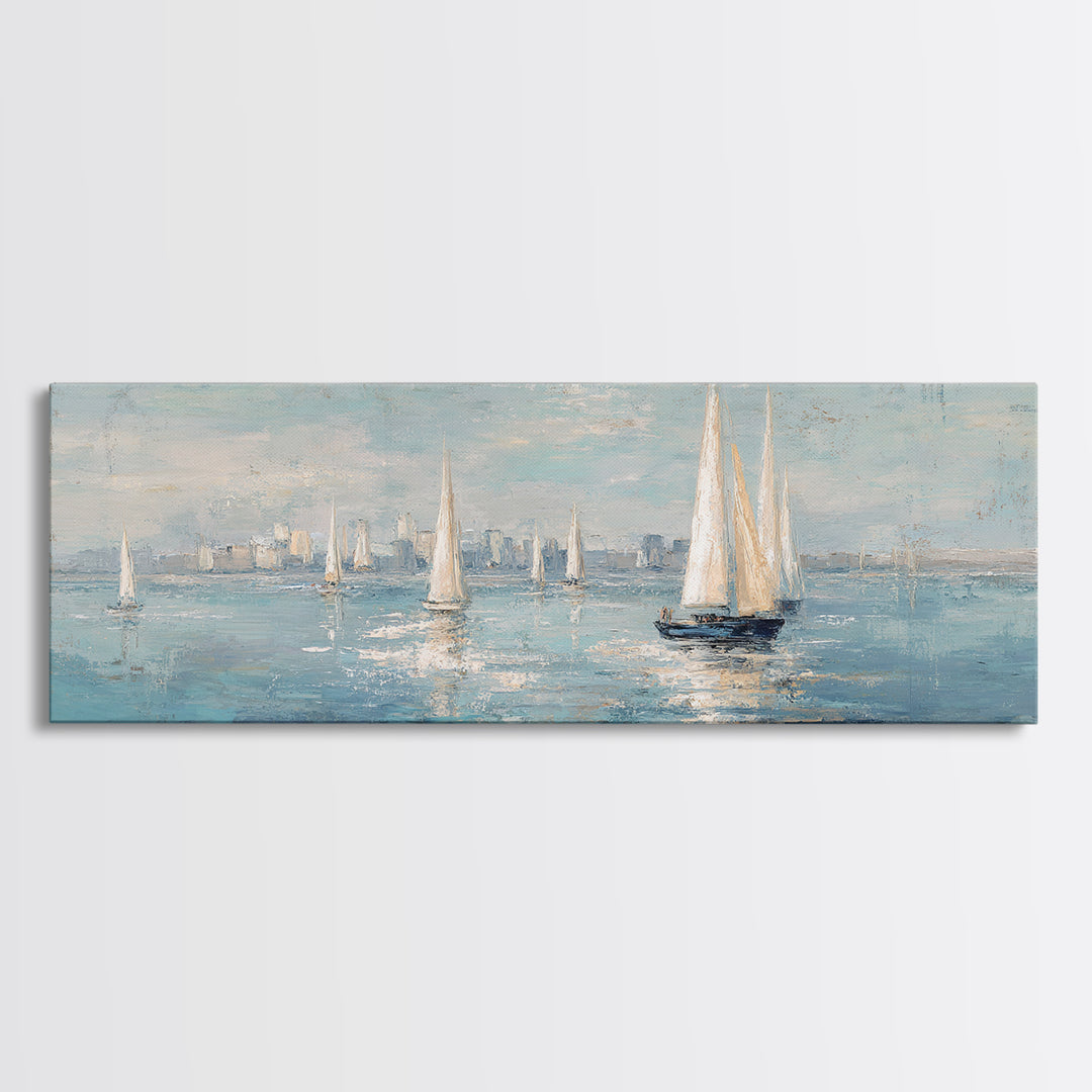 Sailboats on a Bright Sparkling Harbor Framed Canvas Print, Impressionist Art, Neutral Decor, Living Room Decor, Impression, IMP-3x1-73