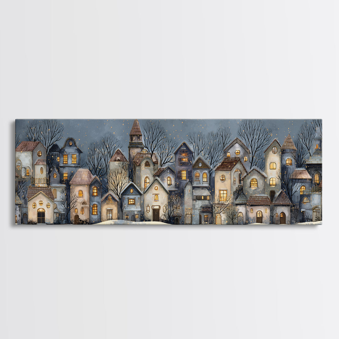 Snowy Village with Warm Glowing Windows Canvas Print, Impressionist Art, Colorful Wall Art, Living Room Decor, Impression, IMP-3x1-77