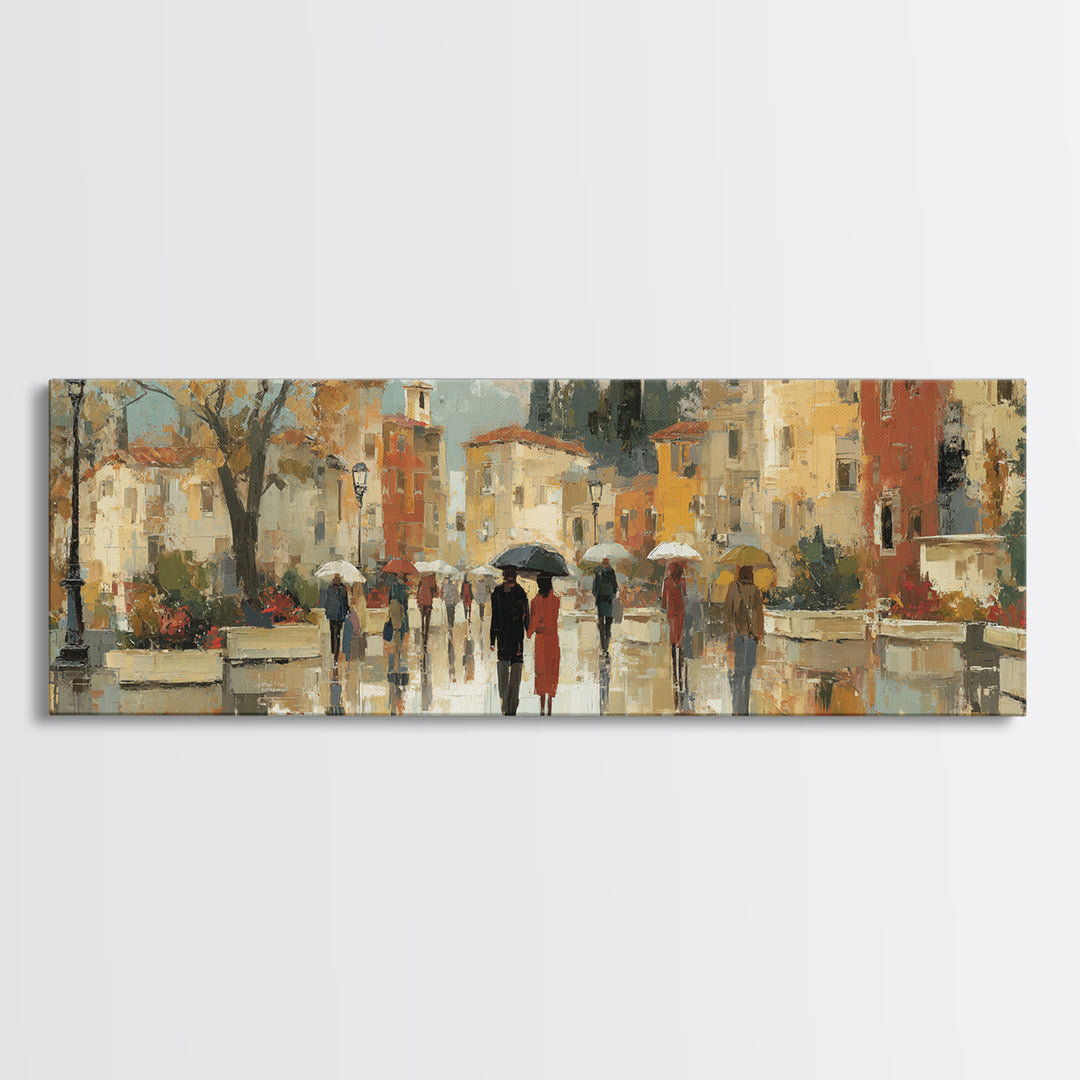 Rainy Boulevard with Umbrella Shapes Canvas Print, Impressionist Art, Living Room Art, Living Room Decor, Abstract Art, IMP-3x1-85