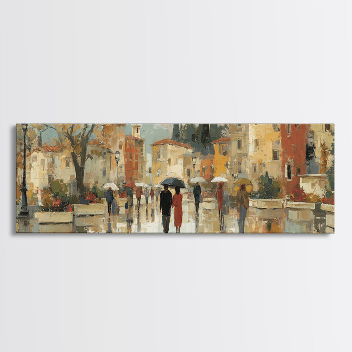 Rainy Boulevard with Umbrella Shapes Canvas Print, Impressionist Art, Living Room Art, Living Room Decor, Abstract Art, IMP-3x1-85