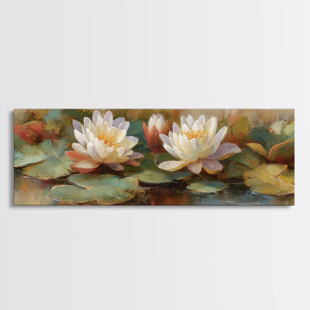 Water Lilies Floating on a Sunlit Pond Framed Canvas Print, Impressionist Art, Boho Decor, Living Room Decor, Oil Painting, IMP-3x1-89