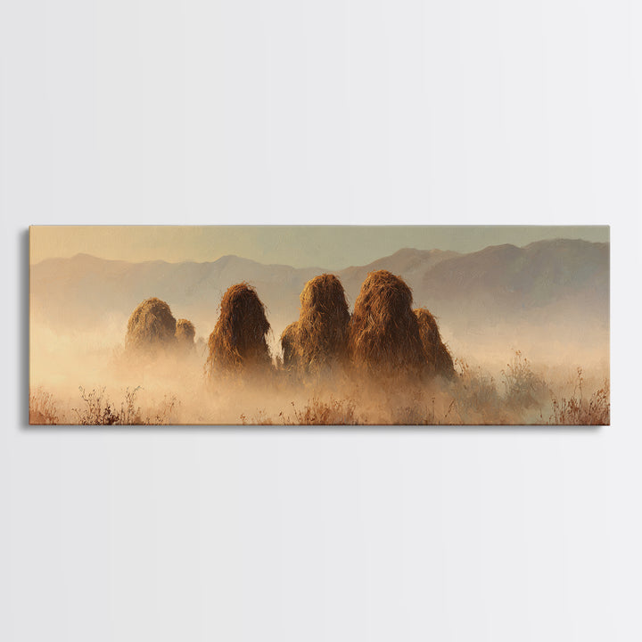 Haystacks Glowing at Golden Hour Canvas Print, Impressionist Art, Oil Painting, Living Room Decor, Impression, Coastal Wall Art, IMP-3x1-92