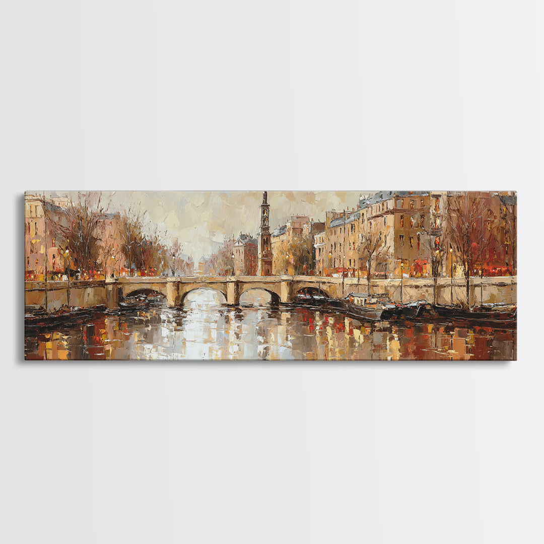 Paris Bridge Reflected Canvas Print, Impressionist Art, Oil Painting, Living Room Decor, Impression, Coastal Wall Art, IMP-3x1-95