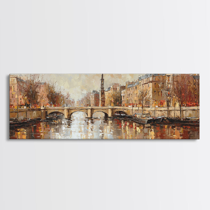Paris Bridge Reflected Canvas Print, Impressionist Art, Oil Painting, Living Room Decor, Impression, Coastal Wall Art, IMP-3x1-95