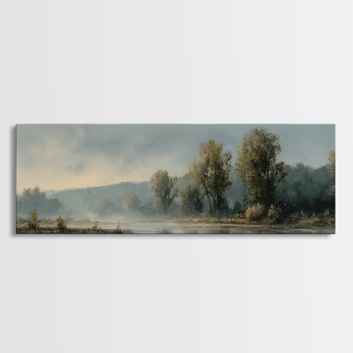 Misty Riverbank with Willow Trees Framed Canvas Print, Impressionist Art, Large Wall Art, Living Room Decor, Impression, IMP-3x1-99