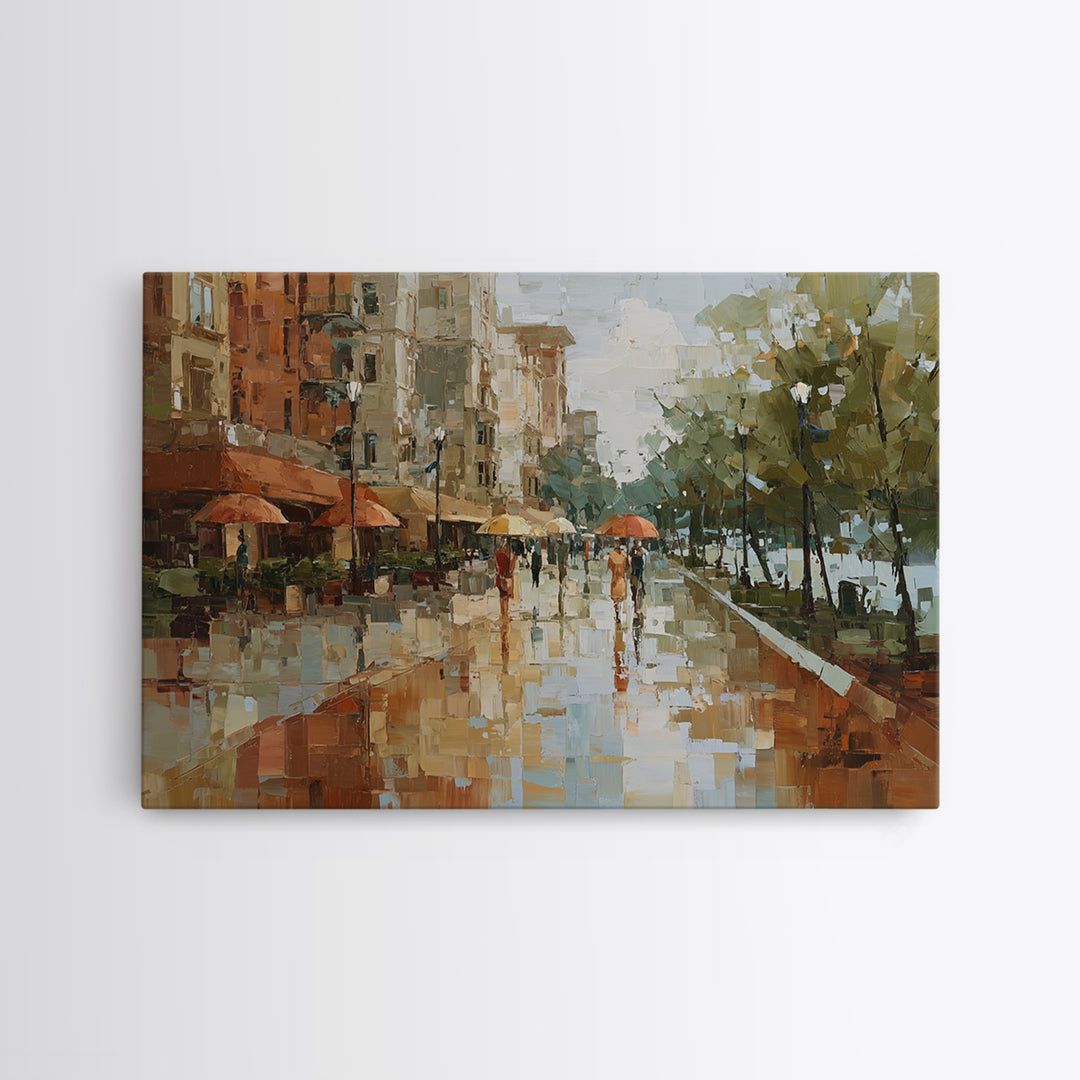 Rainy Boulevard with Umbrella Shapes Canvas Print, Impressionist Art, Abstract Painting, Living Room Decor, Abstract Art, IMP-3x2-1