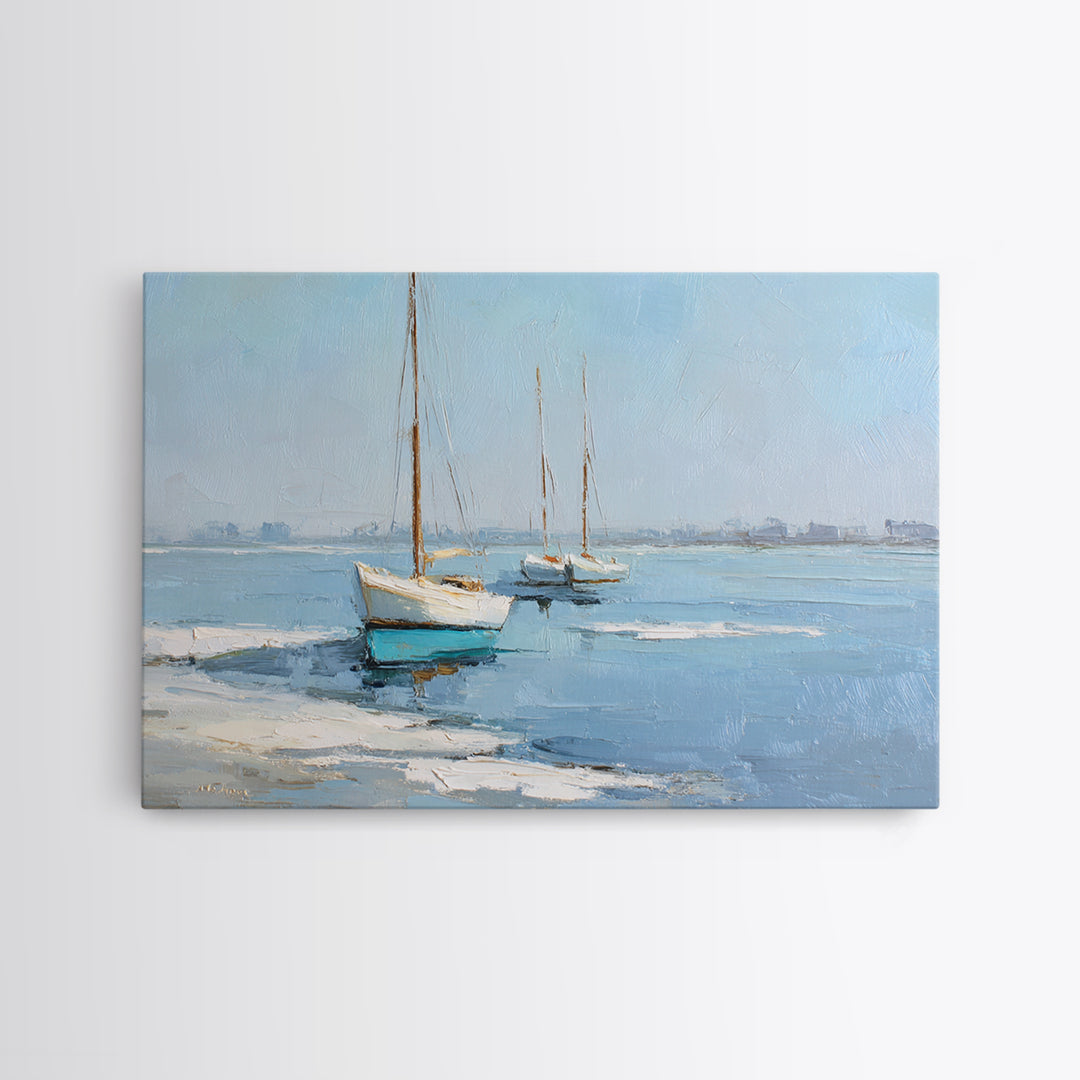 Sailboats on a Bright Sparkling Harbor Canvas Print, Impressionist Art, Landscape Painting, Living Room Decor, Impression, IMP-3x2-13