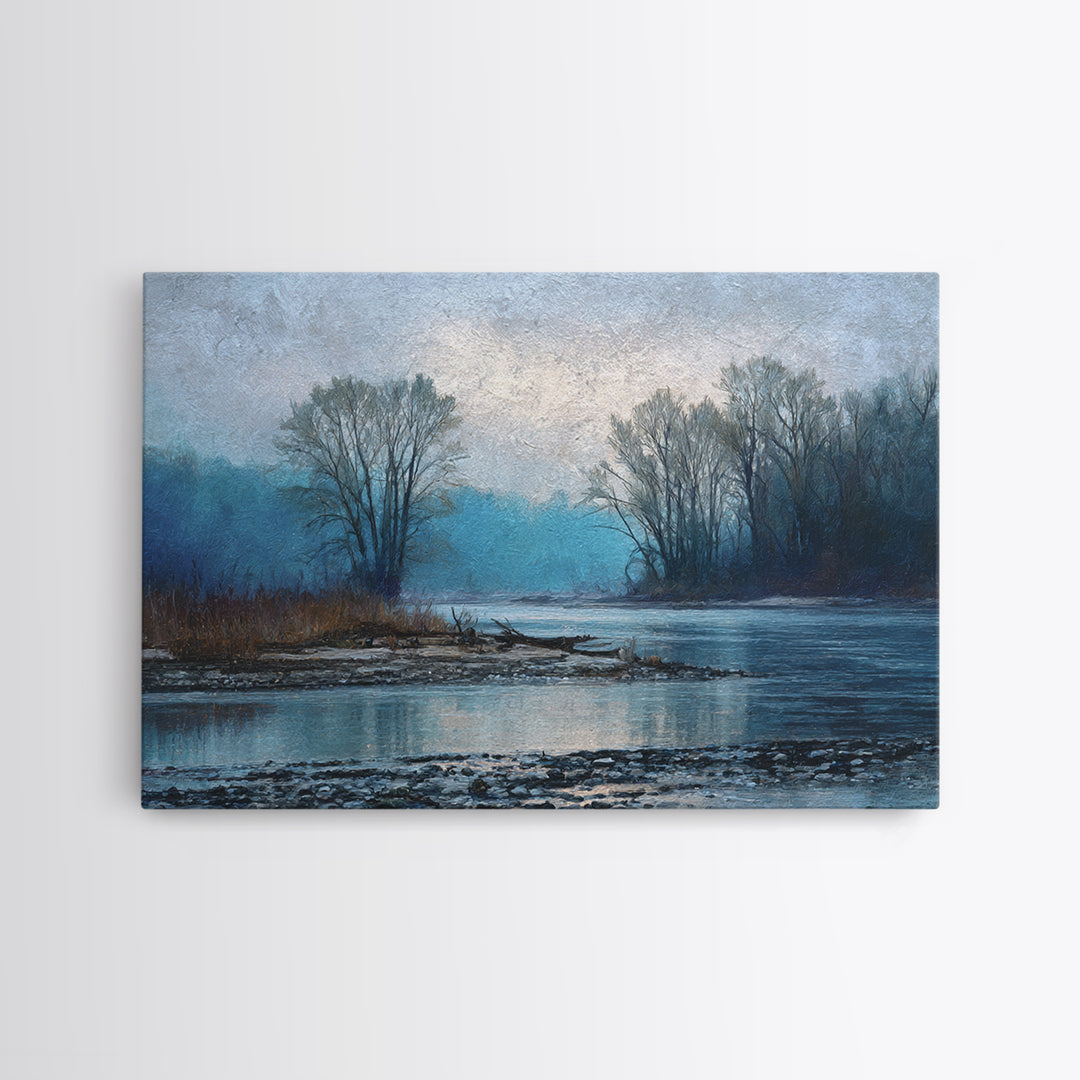 Misty Riverbank with Willow Trees Framed Canvas Print, Impressionist Art, Coastal Wall Art, Living Room Decor, Impression, IMP-3x2-15