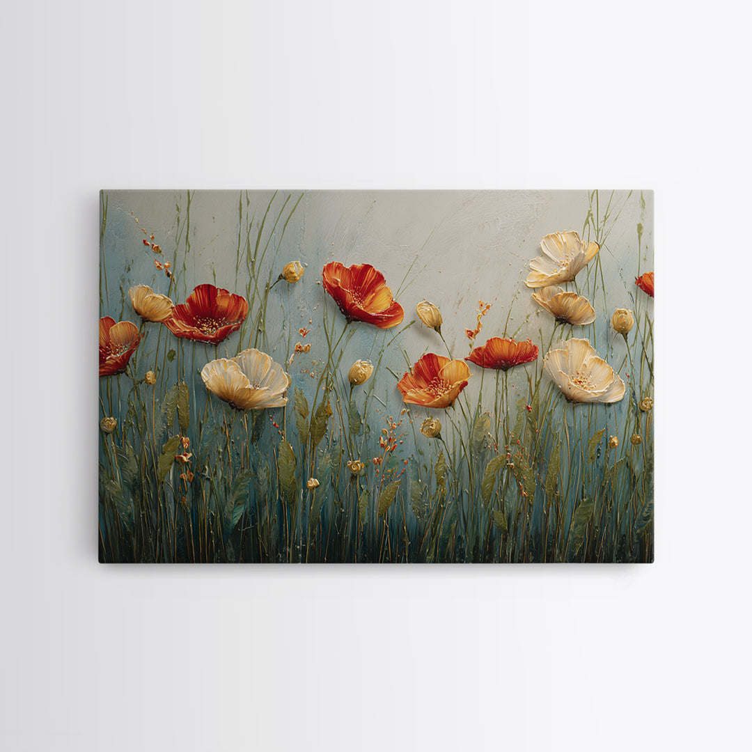Poppies Blowing Through Green Grass Canvas Print, Impressionist Art, Landscape Painting, Living Room Decor, Watercolor Art, IMP-3x2-16