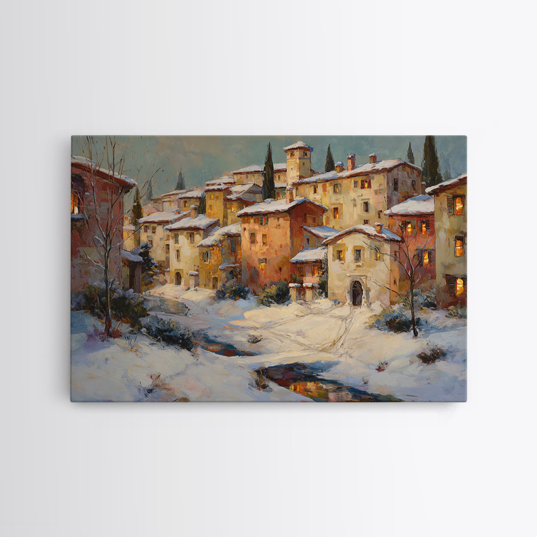 Snowy Village with Warm Glowing Windows Canvas Print, Impressionist Art, Gallery Wall Art, Living Room Decor, Impression, IMP-3x2-17