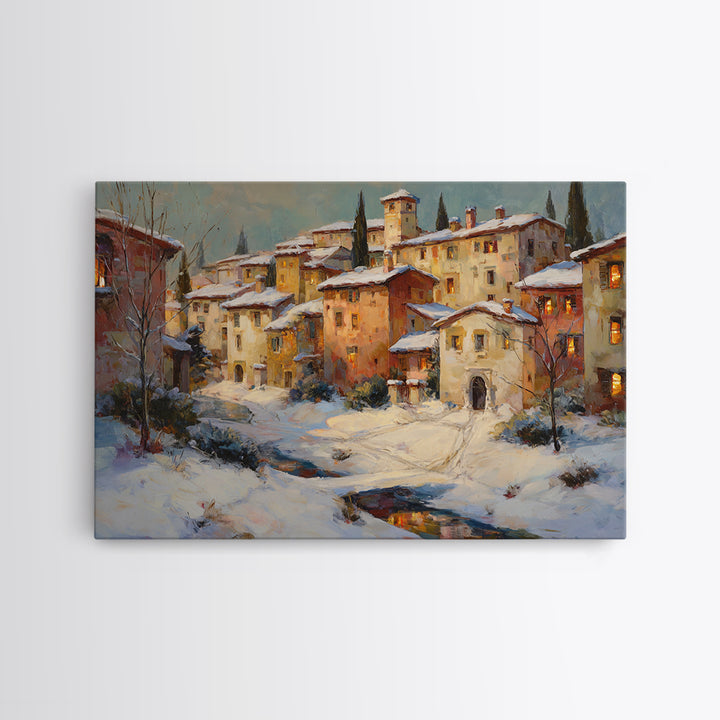 Snowy Village with Warm Glowing Windows Canvas Print, Impressionist Art, Gallery Wall Art, Living Room Decor, Impression, IMP-3x2-17