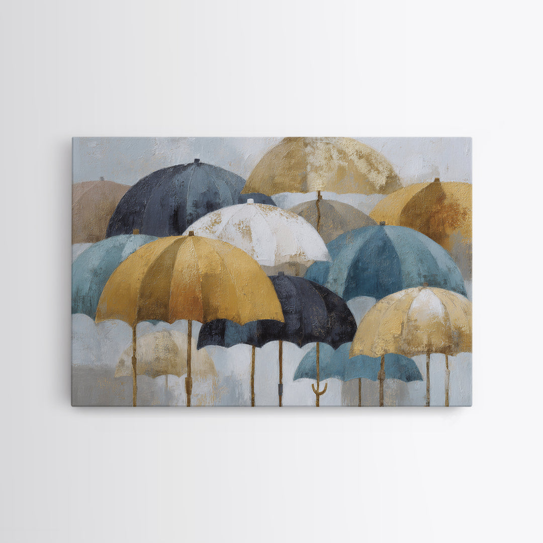 Rainy Boulevard with Umbrella Shapes Framed Canvas Print, Impressionist Art, Landscape Art, Living Room Decor, Impression, IMP-3x2-25