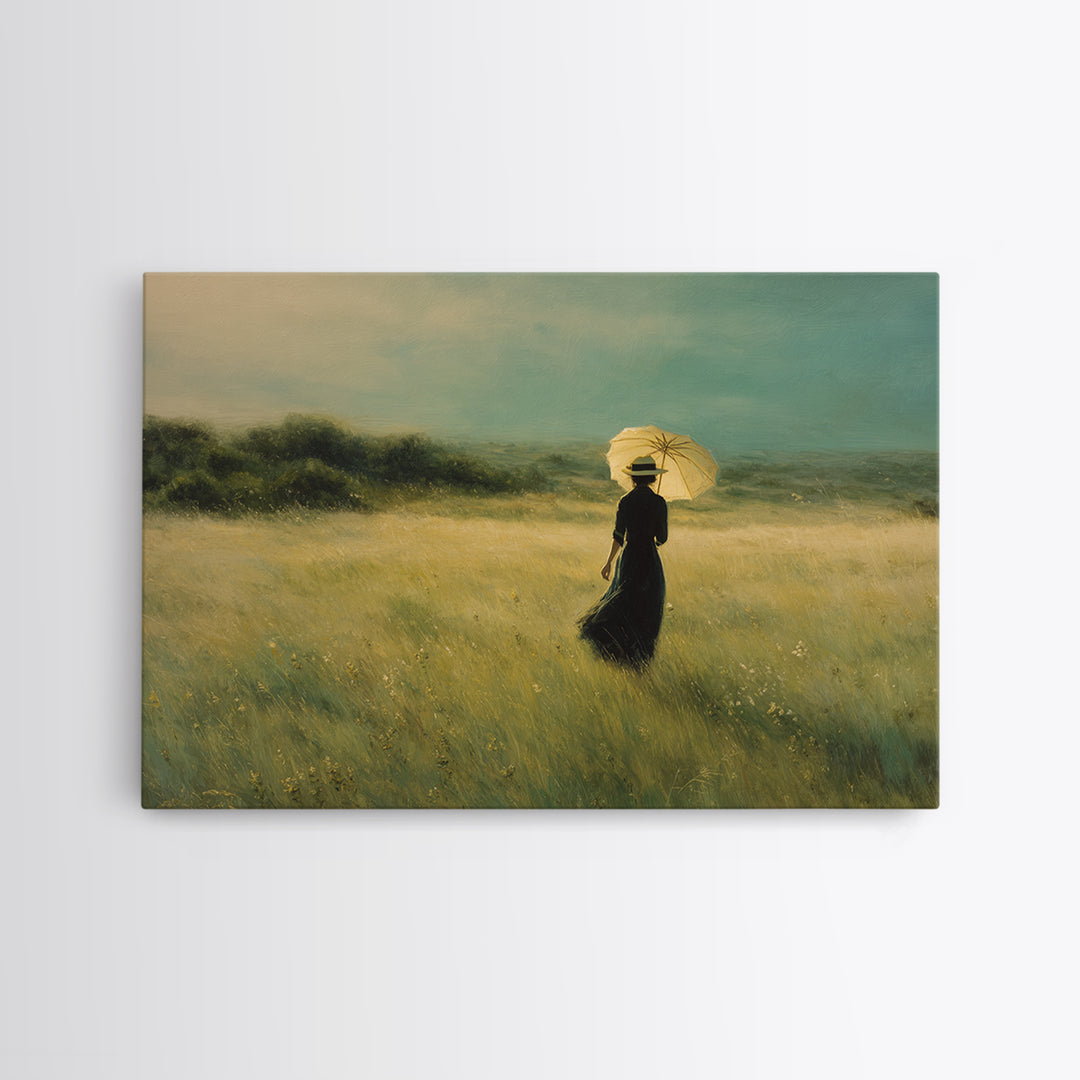 Woman with Parasol in Breezy Meadow Framed Canvas Print, Impressionist Art, Statement Artwork, Living Room Decor, Impression, IMP-3x2-31