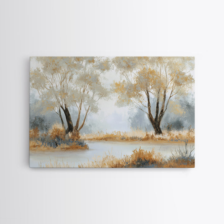 Misty Riverbank with Willow Trees Framed Canvas Print, Impressionist Art, Contemporary Art, Living Room Decor, Impression, IMP-3x2-39