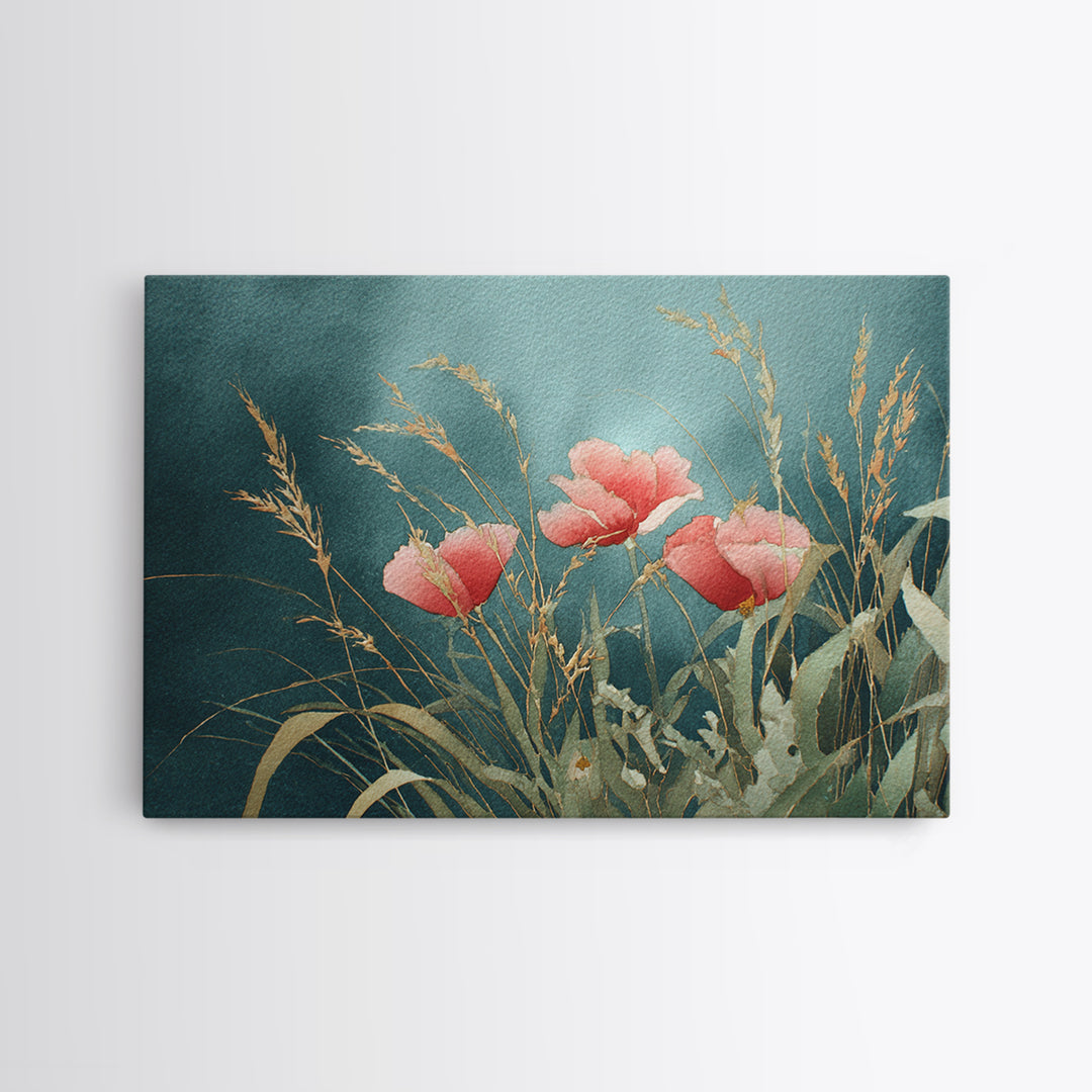 Poppies Blowing Through Green Grass Framed Canvas Print, Impressionist Art, Living Room Art, Living Room Decor, Oil Painting, IMP-3x2-40