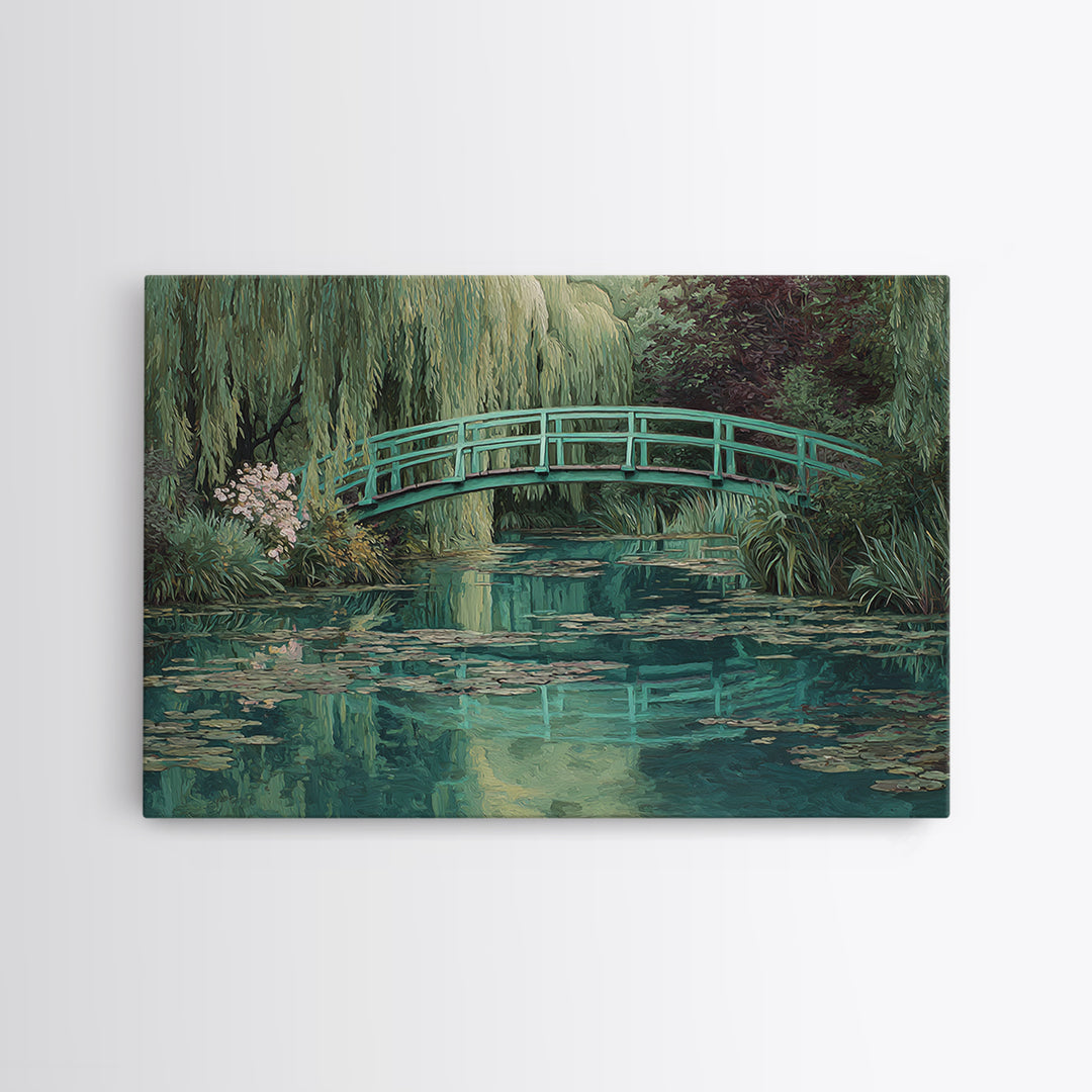 Water Garden Bridge Framed Canvas Print, Impressionist Art, Abstract Painting, Living Room Decor, Fine Art, Impression, IMP-3x2-46
