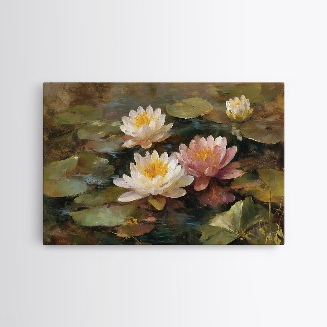 Water Lilies Floating on a Sunlit Pond Canvas Print, Impressionist Art, Colorful Wall Art, Living Room Decor, Impression, IMP-3x2-5