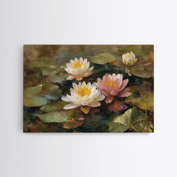 Water Lilies Floating on a Sunlit Pond Canvas Print, Impressionist Art, Colorful Wall Art, Living Room Decor, Impression, IMP-3x2-5