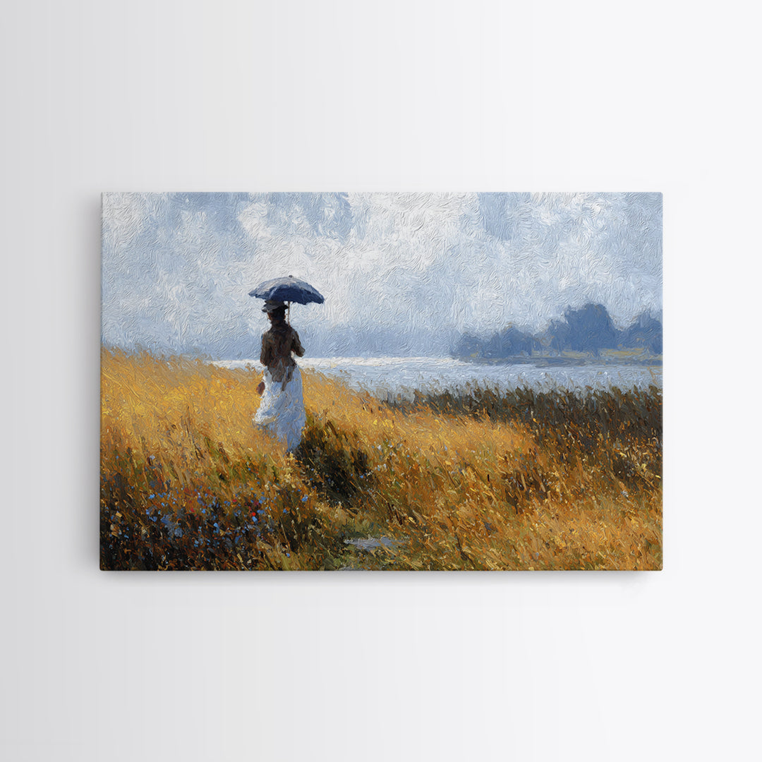 Woman with Parasol in Breezy Meadow Canvas Print, Impressionist Art, Horizontal Wall Art, Living Room Decor, Impression, IMP-3x2-55