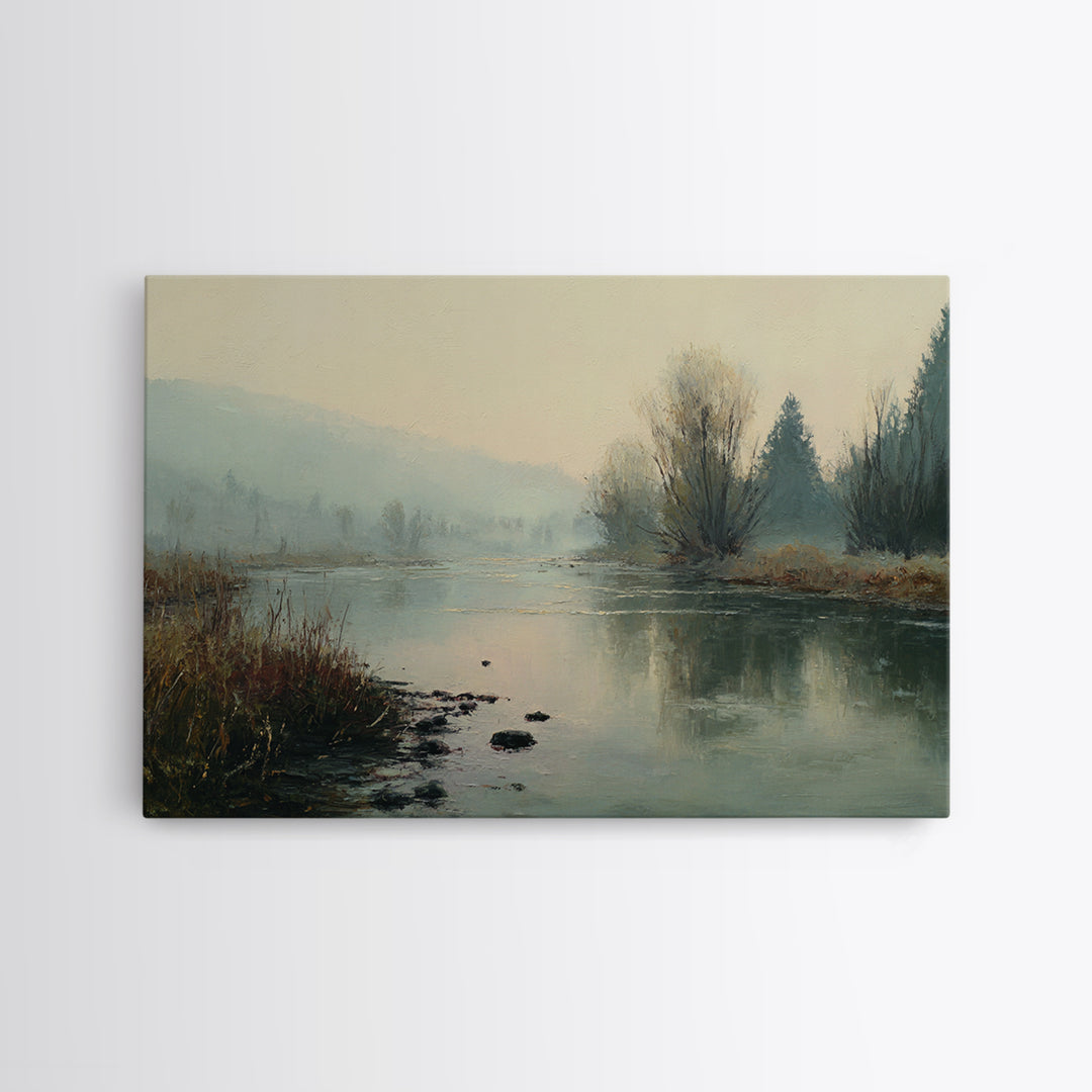 Misty Riverbank with Willow Trees Framed Canvas Print, Impressionist Art, Modern Art, Living Room Decor, Fine Art, Impression, IMP-3x2-63
