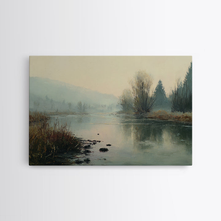Misty Riverbank with Willow Trees Framed Canvas Print, Impressionist Art, Modern Art, Living Room Decor, Fine Art, Impression, IMP-3x2-63