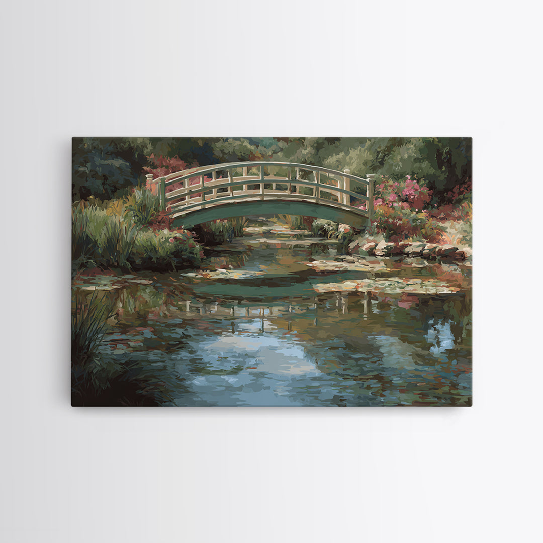 Water Garden Bridge Framed Canvas Print, Impressionist Art, Abstract Painting, Living Room Decor, Fine Art, Impression, IMP-3x2-70