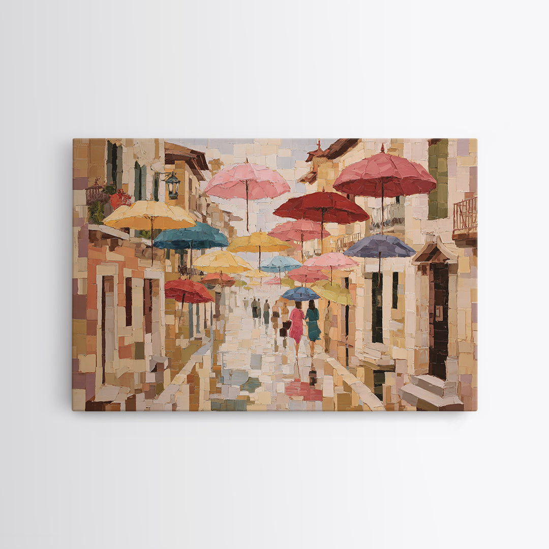 Rainy Boulevard with Umbrella Shapes Canvas Print, Impressionist Art, Neutral Decor, Living Room Decor, Fine Art, Impression, IMP-3x2-73