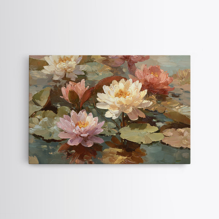 Water Lilies Floating on a Sunlit Pond Framed Canvas Print, Impressionist Art, Room Decor, Living Room Decor, Impression, IMP-3x2-77