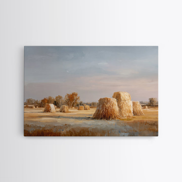Haystacks Glowing at Golden Hour Framed Canvas Print, Impressionist Art, Living Room Decor, Watercolor Art, Impression, IMP-3x2-80