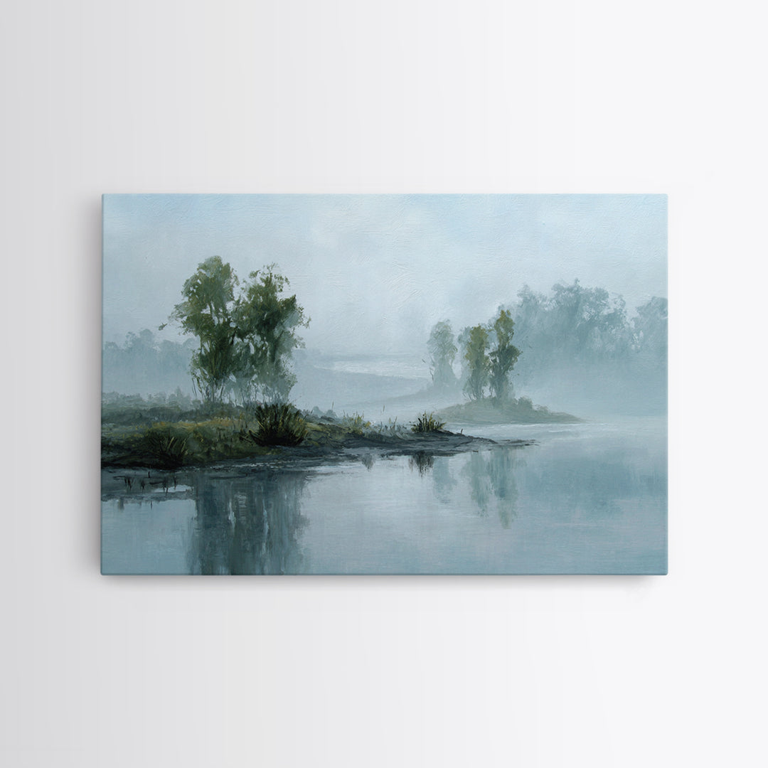 Misty Riverbank with Willow Trees Framed Canvas Print, Impressionist Art, Wall Decor, Living Room Decor, Fine Art, Impression, IMP-3x2-87