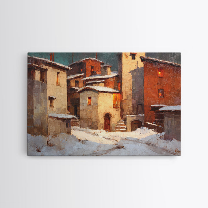 Snowy Village with Warm Glowing Windows Canvas Print, Impressionist Art, Boho Decor, Living Room Decor, Oil Painting, IMP-3x2-89