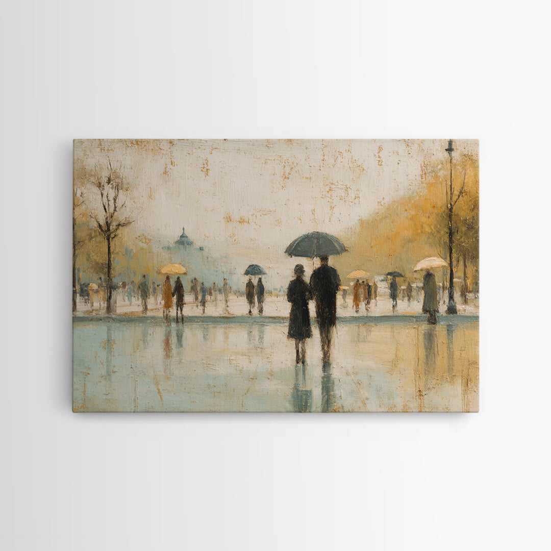 Rainy Boulevard with Umbrella Shapes Framed Canvas Print, Impressionist Art, Luxury Decor, Living Room Decor, Abstract Art, IMP-3x2-97