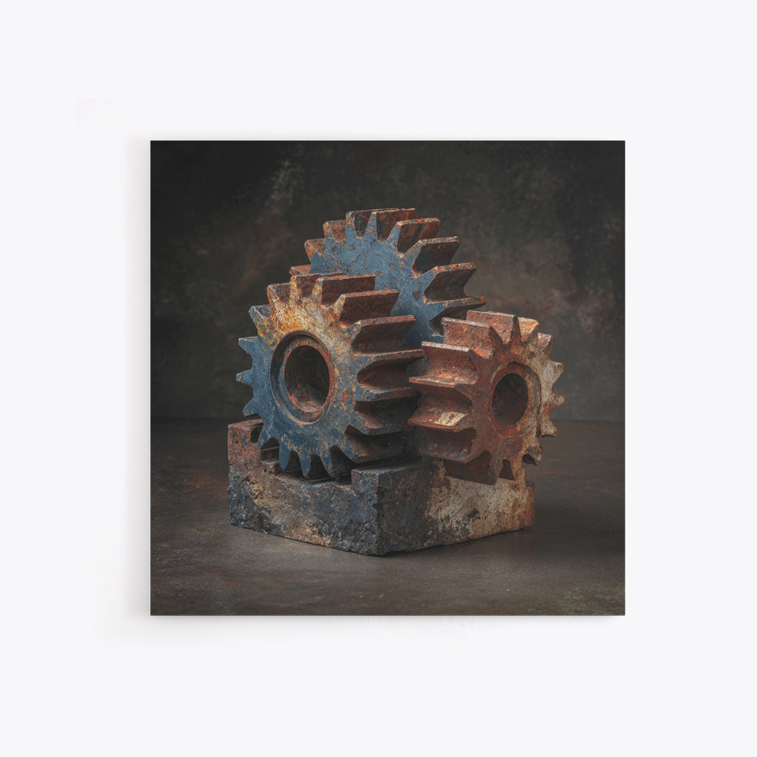 Rusted Gears Arranged as Sculptural Still Life Framed Canvas Print, Industrial Art, Room Decor, Living Room Decor, Foundry, IND-1x1-1