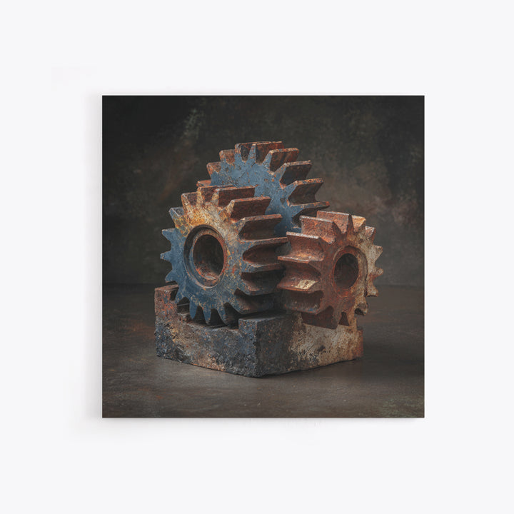 Rusted Gears Arranged as Sculptural Still Life Framed Canvas Print, Industrial Art, Room Decor, Living Room Decor, Foundry, IND-1x1-1