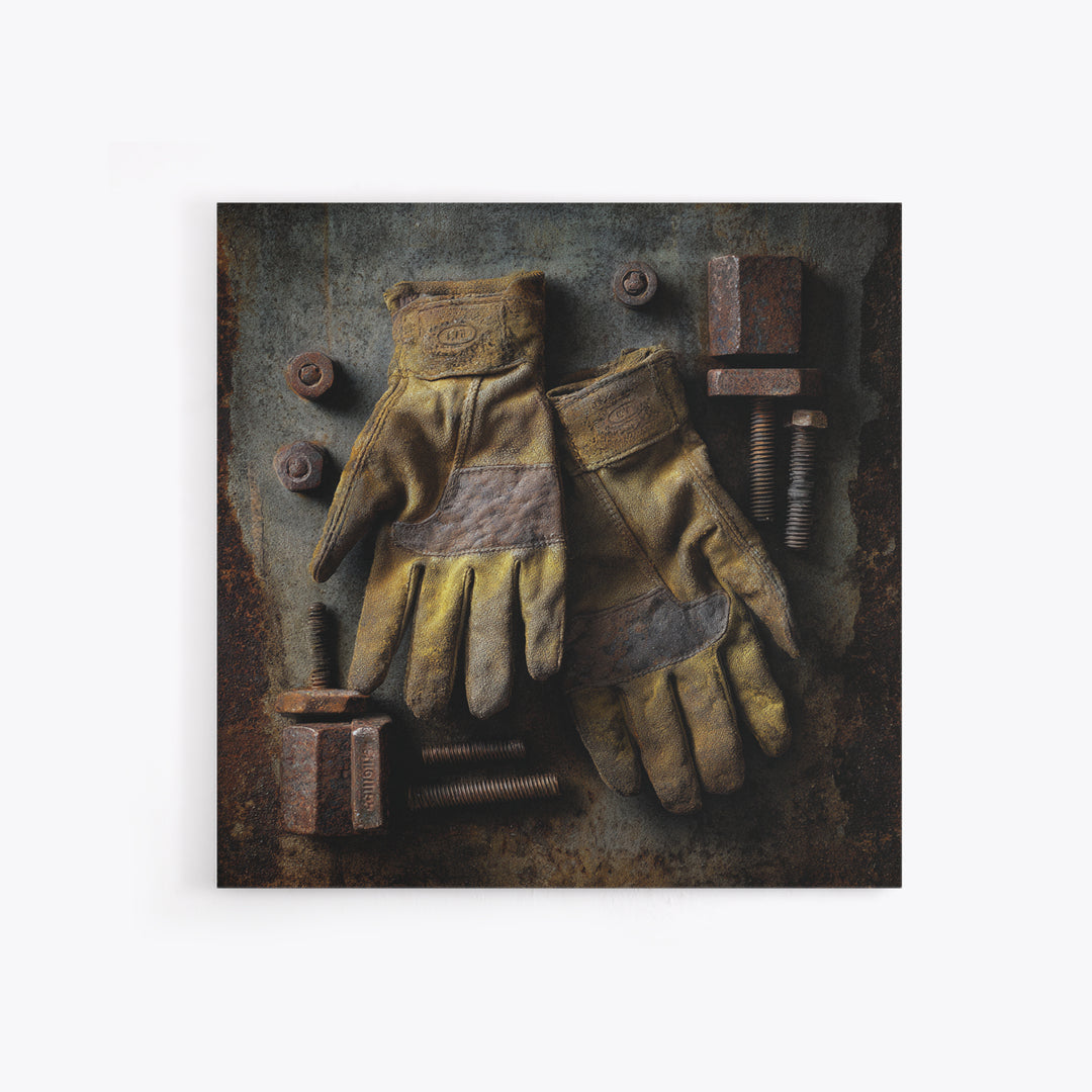 Worn Work Gloves and Bolts Arrangement Canvas Print, Industrial Art, Rustic Home Decor, Living Room Decor, Fine Art, Foundry, IND-1x1-18
