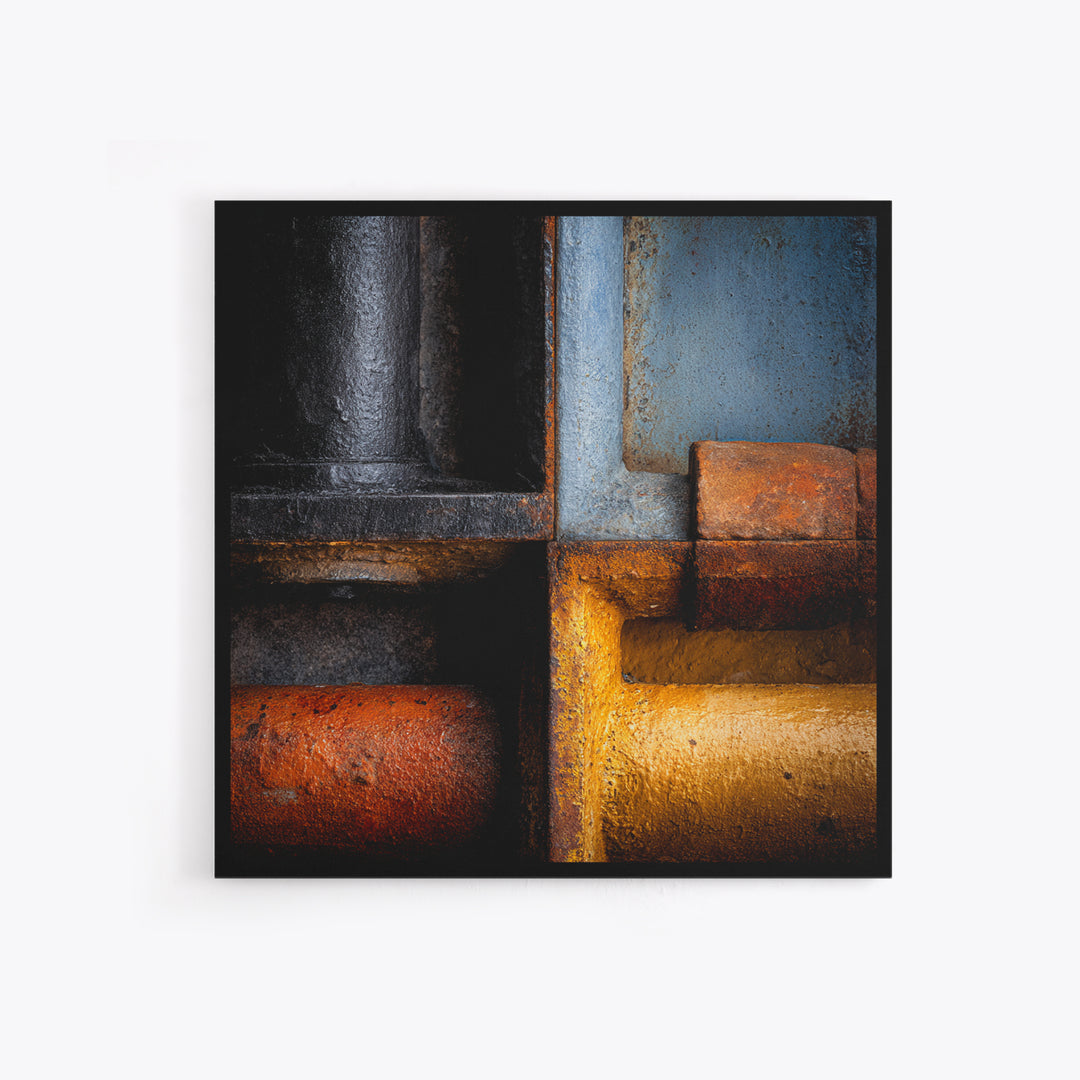 Metal Pipes and Valves as Graphic Composition Framed Canvas Print, Industrial Art, Gallery Decor, Living Room Decor, Foundry, IND-1x1-32