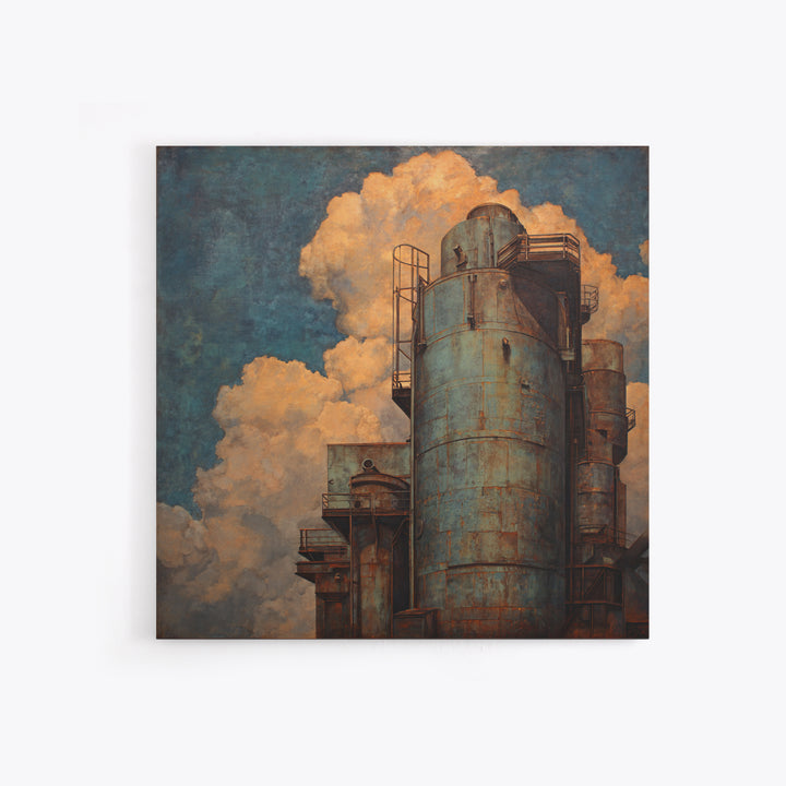 Factory Smokestacks with Moody Sky Canvas Print, Industrial Art, Dining Room Wall Art, Living Room Decor, Fine Art, Foundry, IND-1x1-35