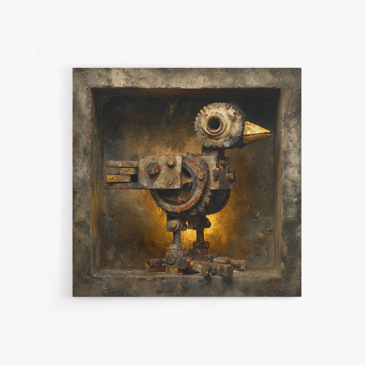 Mechanical Bird Made from Gears Framed Canvas Print, Industrial Art, Living Room Art, Living Room Decor, Oil Painting, Foundry, IND-1x1-43