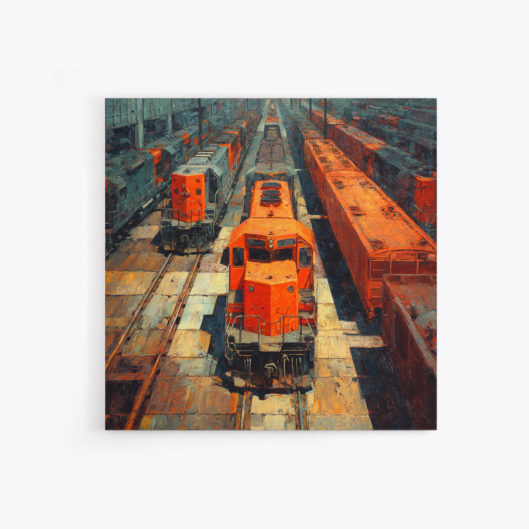 Urban Rail Yard Canvas Print, Industrial Art, Living Room Decor, Watercolor Art, Foundry, Abstract Art, Textured Wall Art, IND-1x1-45